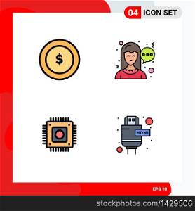 Pictogram Set of 4 Simple Filledline Flat Colors of coin, computer, chat, chip, extension Editable Vector Design Elements