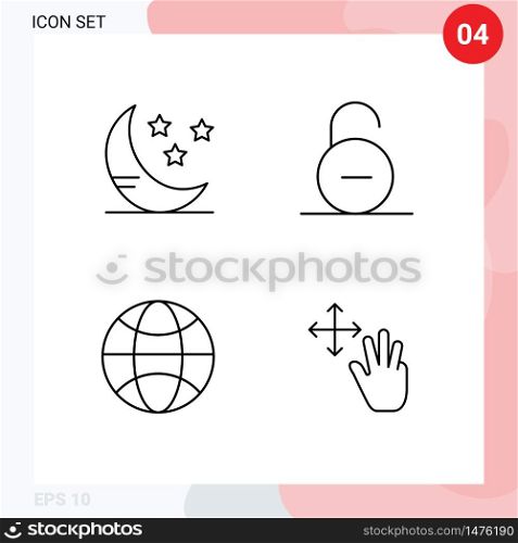 Pictogram Set of 4 Simple Filledline Flat Colors of moon, world, lock, secure, three Editable Vector Design Elements