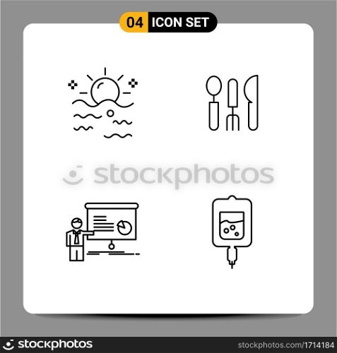 Pictogram Set of 4 Simple Filledline Flat Colors of sea, graph, sun, hotel, presentation Editable Vector Design Elements