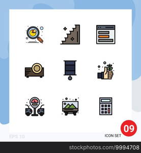 Pictogram Set of 9 Simple Filledline Flat Colors of child, multi media, communication, movie, projector Editable Vector Design Elements