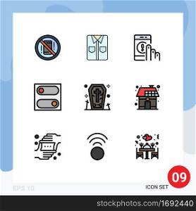Pictogram Set of 9 Simple Filledline Flat Colors of coffin, switch, shopping, preferences, help Editable Vector Design Elements