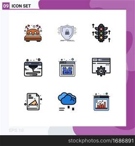Pictogram Set of 9 Simple Filledline Flat Colors of website, error, shield, printer, internet Editable Vector Design Elements
