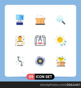 Pictogram Set of 9 Simple Flat Colors of blueprint, gift, meal, christmas, search chart Editable Vector Design Elements