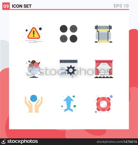 Pictogram Set of 9 Simple Flat Colors of browser, ice cream, cooler, food, cafe Editable Vector Design Elements