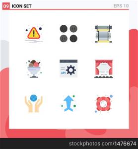 Pictogram Set of 9 Simple Flat Colors of browser, ice cream, cooler, food, cafe Editable Vector Design Elements