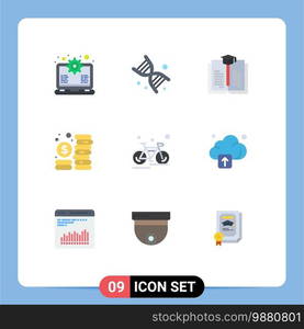 Pictogram Set of 9 Simple Flat Colors of cycling, bicycle, graduation, management, coins Editable Vector Design Elements