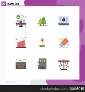 Pictogram Set of 9 Simple Flat Colors of flower, flora, media play, chart, business Editable Vector Design Elements