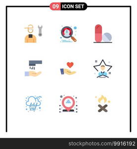 Pictogram Set of 9 Simple Flat Colors of hand, donation, medicine, charity, wash Editable Vector Design Elements