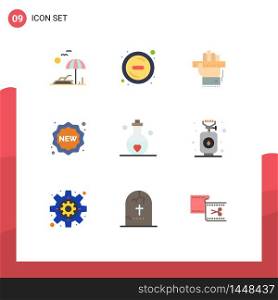 Pictogram Set of 9 Simple Flat Colors of marriage, shopping, hand, new, badge Editable Vector Design Elements