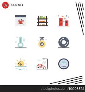 Pictogram Set of 9 Simple Flat Colors of medal, thermometer, fruit, temperature, holidays Editable Vector Design Elements