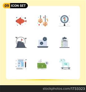 Pictogram Set of 9 Simple Flat Colors of mountain, goal, biology, flag, science Editable Vector Design Elements