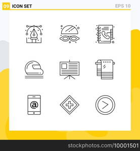 Pictogram Set of 9 Simple Outlines of analytics, goal keeper, book, safety, helmet Editable Vector Design Elements