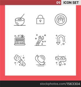 Pictogram Set of 9 Simple Outlines of arrow, tool, sperms, construction, online Editable Vector Design Elements