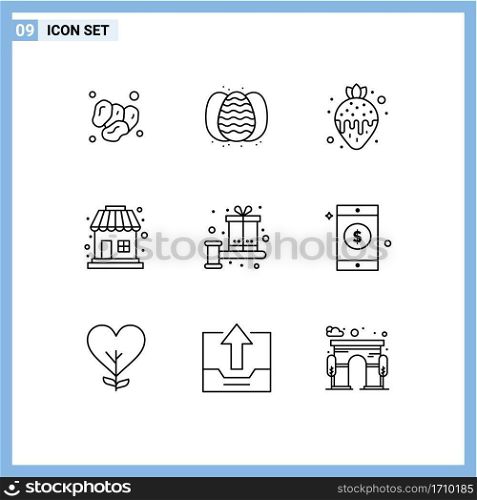 Pictogram Set of 9 Simple Outlines of box, sale, nature, shopping, strawberry fondue Editable Vector Design Elements