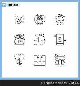 Pictogram Set of 9 Simple Outlines of box, sale, nature, shopping, strawberry fondue Editable Vector Design Elements
