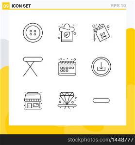 Pictogram Set of 9 Simple Outlines of calendar, seo, pollution, schedule, iron Editable Vector Design Elements