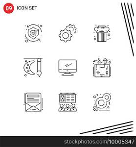 Pictogram Set of 9 Simple Outlines of computer, painting brush, architecture, painting, art Editable Vector Design Elements