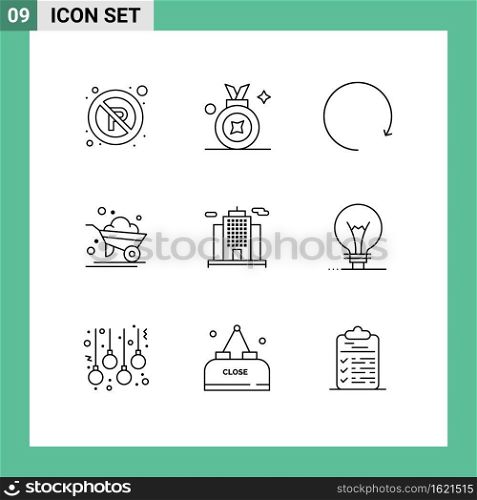 Pictogram Set of 9 Simple Outlines of construction, architecture, arrow, wheelbarrow, farm Editable Vector Design Elements