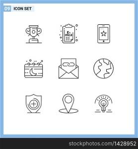 Pictogram Set of 9 Simple Outlines of contact, moon, phone, month, chinese Editable Vector Design Elements