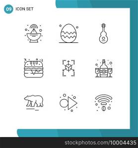 Pictogram Set of 9 Simple Outlines of database, prototype, instrument, burger, fast food Editable Vector Design Elements