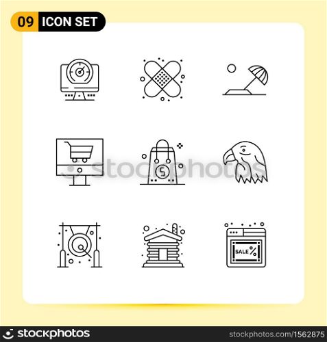 Pictogram Set of 9 Simple Outlines of dollar, shop, beach, online, cart Editable Vector Design Elements