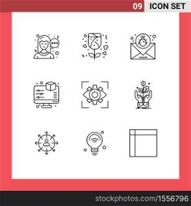 Pictogram Set of 9 Simple Outlines of imagination, eyesight, email, printing, monitor Editable Vector Design Elements