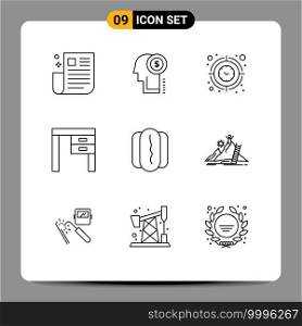 Pictogram Set of 9 Simple Outlines of interior, desk, thinking, decor, time Editable Vector Design Elements