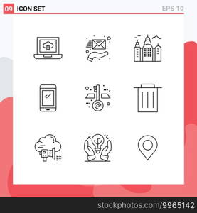 Pictogram Set of 9 Simple Outlines of keys, architecture, house, iphone, mobile Editable Vector Design Elements