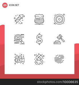 Pictogram Set of 9 Simple Outlines of law, court, disk, money, currency Editable Vector Design Elements