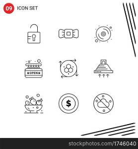 Pictogram Set of 9 Simple Outlines of modeling application, computer graphics, data, sign board, open Editable Vector Design Elements