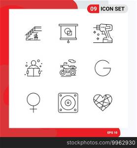 Pictogram Set of 9 Simple Outlines of motor, reading, school, knowledge, tool Editable Vector Design Elements