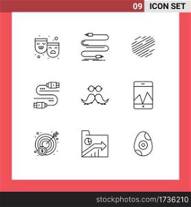 Pictogram Set of 9 Simple Outlines of moustache, server, wire, sata, crypto currency Editable Vector Design Elements