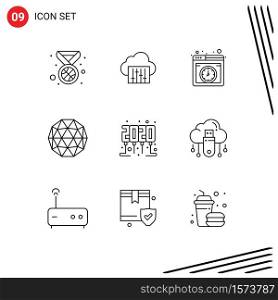 Pictogram Set of 9 Simple Outlines of party time, celebration, hosting, crypto currency, coin Editable Vector Design Elements