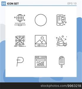 Pictogram Set of 9 Simple Outlines of photos, gallery, security, complex, app Editable Vector Design Elements