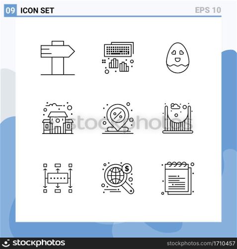 Pictogram Set of 9 Simple Outlines of pin, location, happy, discount, school Editable Vector Design Elements
