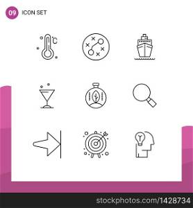 Pictogram Set of 9 Simple Outlines of power, innovation, ship, green, drink Editable Vector Design Elements