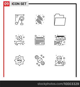 Pictogram Set of 9 Simple Outlines of schedule, appointment, files, medicine, capsule Editable Vector Design Elements