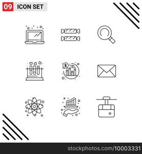 Pictogram Set of 9 Simple Outlines of seo, investment, magnifier, wedding, love Editable Vector Design Elements