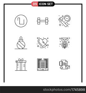 Pictogram Set of 9 Simple Outlines of sewing, heart, summary, broken, christmas ball Editable Vector Design Elements