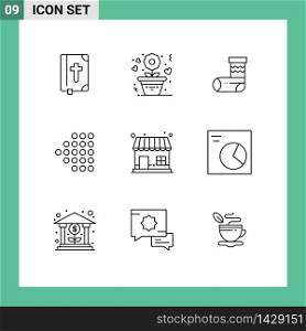 Pictogram Set of 9 Simple Outlines of shop, market, celebration, dotted, arrow Editable Vector Design Elements