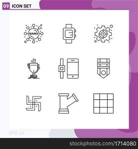 Pictogram Set of 9 Simple Outlines of smart watch, prize, set, edge, competitive Editable Vector Design Elements