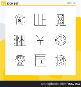 Pictogram Set of 9 Simple Outlines of yuan, yen, sand clock, recovery, statistics Editable Vector Design Elements
