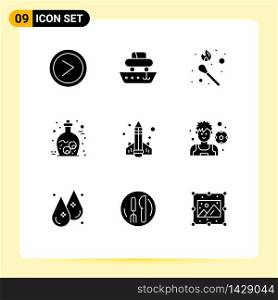 Pictogram Set of 9 Simple Solid Glyphs of book, jar, vessel, halloween, stick fire Editable Vector Design Elements