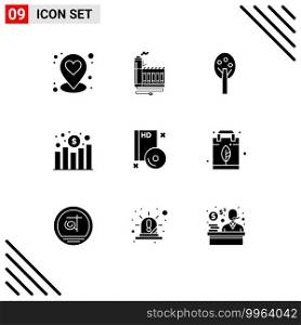 Pictogram Set of 9 Simple Solid Glyphs of compact, bluray, nature, revenue, increase Editable Vector Design Elements