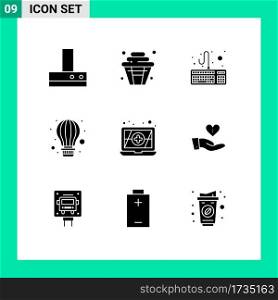 Pictogram Set of 9 Simple Solid Glyphs of giving, charity, hardware, antivirus, parachute Editable Vector Design Elements