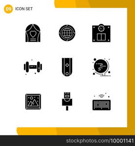 Pictogram Set of 9 Simple Solid Glyphs of insignia, dumbell, global, dum, weight Editable Vector Design Elements