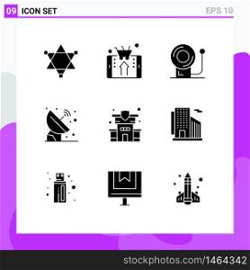 Pictogram Set of 9 Simple Solid Glyphs of insurance, space, bell, signal, astronomy Editable Vector Design Elements