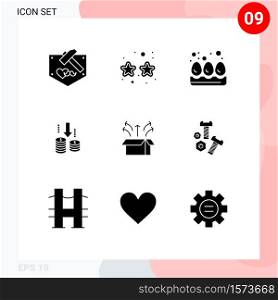 Pictogram Set of 9 Simple Solid Glyphs of launch, release, breakfast, analysis, transfer Editable Vector Design Elements