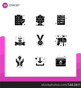 Pictogram Set of 9 Simple Solid Glyphs of medal, award, com, plumbing, mechanical Editable Vector Design Elements