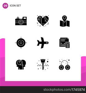 Pictogram Set of 9 Simple Solid Glyphs of takeoff, target, hearts, interface, pointer Editable Vector Design Elements
